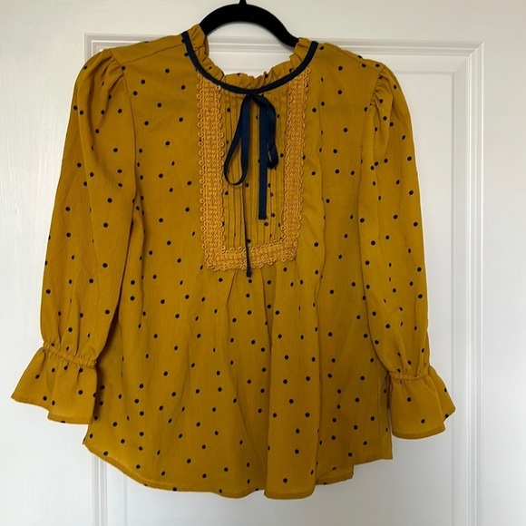 Mustard polkadot 3/4 sleeve blouse with bow - Picture 1 of 7